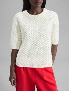 Ontre Women's Cream White Wool Blend Crew Neck Dropped Shoulder Half Sleeve Sweater,Textured Knit Flattering Fit For Autumn,Casual,Elegant,Occasion Office - White - View 7