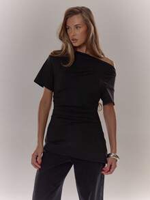 MUSERA 收腰宽松露肩T恤，休闲度假必备单品，露肩上衣，假日机场夜生活外出上衣，性感秋冬优雅 - 黑色 - 查看 5