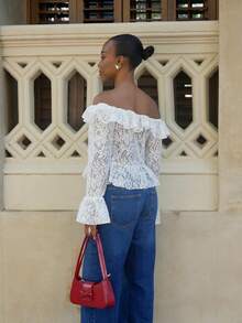 Yess Loren Women Summer Vacation Casual Open Front Ruffle Trim Off Shoulder Long Sleeve Sheer White Lace Blouse - White - View 7