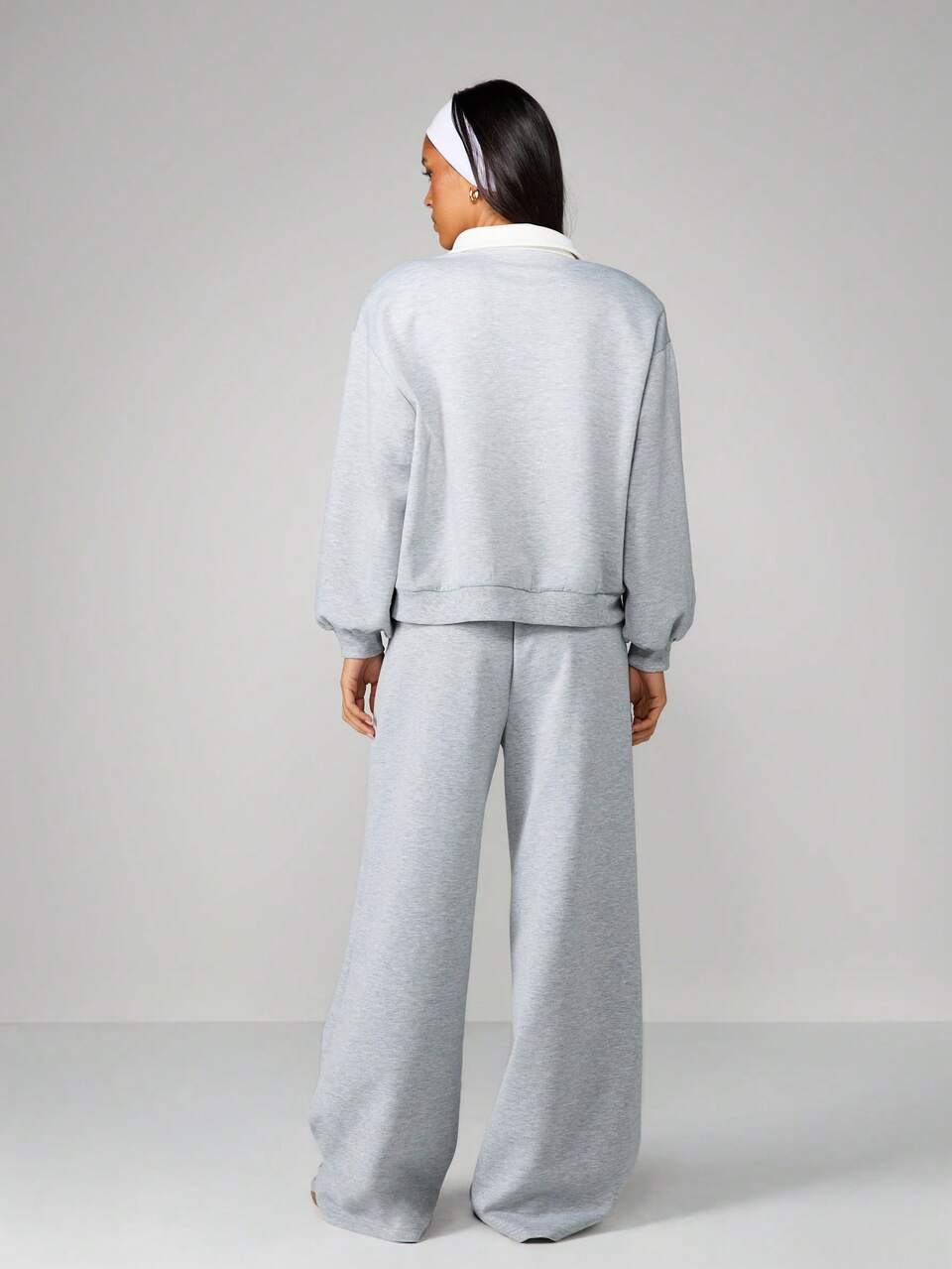 MISSGUIDED Women's Scuba Polo Sweatshirt And Wide Leg Pants Two Piece Loungewear Tracksuit Set