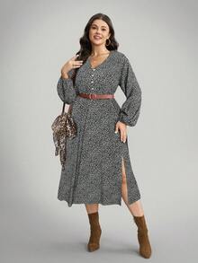 SHEIN LUNE 大码秋装女式豹纹 V 领长袖优雅开衩下摆连衣裙，秋冬/感恩节女装/万圣节服装/长款女装/秋装曲线感恩节装节日装节日派对连衣裙加大码 - 黑色 - 查看 6