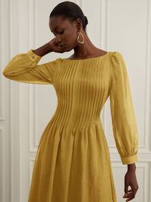 Chiquease Novo vestido romântico vintage para festa do chá, caimento solto e elegante, design franzido com ombros de fora, tecido transparente leve, mangas bufantes, cor sólida - Amarelo - Ver 5