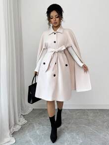 Rafferiza Women's Elegant Turndown Collar Contrast Color Cape-Style Woolen Cloak, Mid-Length, Autumn/Winter - Beige - View 6