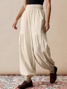 Florisole Quần dài thường ngày cạp chun co giãn màu trơn có túi rút - Màu be - Xem 4