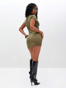 BABYPHAT 罗纹迷你 T 恤连衣裙，带贴花短袖紧身圆领夏季 - 綠色 - 查看 7