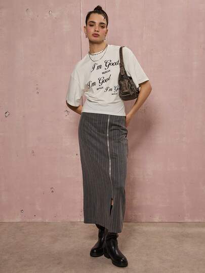 COUREZ 长袖标语滑板T恤/Y2K冬季女装外出上衣印花T恤白色上衣