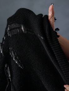ROMWE MEN Street Life Men's Casual Distressed Crew Neck Drop Shoulder Long Sleeve Sweater, Autumn/Winter, Grunge Style - Black - View 8