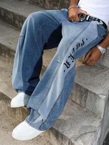 Manfinity EMRG Jeans de ajuste holgado con bordado de letras al estilo americano, para todas las temporadas - Azul - Ver 5