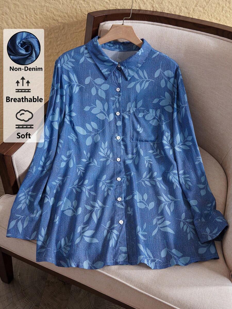 Rusticease 大码女式冬季长袖仿牛仔印花蓝色衬衫,带口袋,适合秋冬季节穿着,柔软舒适,透气性好,适合外出穿着,2025新款 - 藍色 - 查看 1