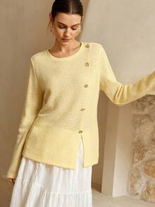 SHEIN Unity Lymera 女士奶油黄不对称秋季优雅商务休闲侧开衩圆领格子纽扣长袖柔软畅销T恤上衣，适合夏季、秋季/冬季派对、外出、新年、圣诞节、感恩节、工作、办公室、通勤等场合。 - 黃色 - 查看 5