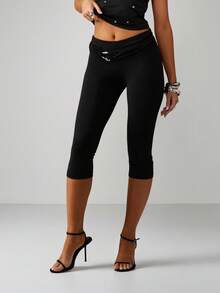 MISSGUIDED Capri Leggings With Gold Hardware Detail Waistband For Women High Rise Fitted Style - Black - View 1