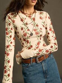 SoleilVie 春夏新款印花圆领休闲百搭长袖T恤，复古风，通勤百搭，柔软亲肤面料，适合户外穿着，新款女士T恤，情人节图案 - 杏色 - 查看 3