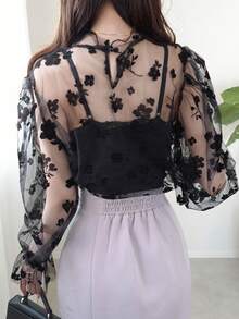 FRIFUL 女士优雅高领花卉网眼透明衬衫，带荷叶边袖子，适合春夏秋季长袖上衣 - 黑色 - 查看 5