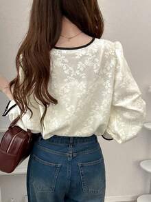 FRIFUL Women's Floral Embroidered Trim Round Neck Flare Sleeve Elegant Blouse Long Sleeve Top