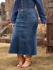 EMERY ROSE 大码女式复古水洗牛仔裙，秋冬 - 深色水洗藍 - 查看 5