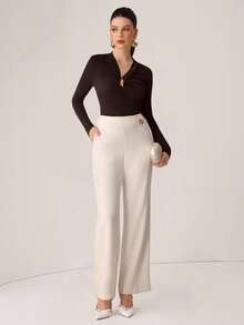 NOVVYNE Metal Buckle V-Neck Pleated Long Sleeve Elegant Fitted T-Shirt - Coffee Brown - View 4