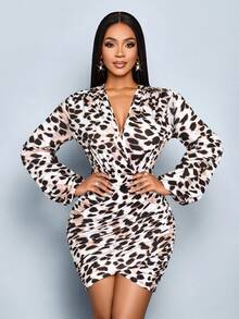 SOLERSUN Rochie mulată cu imprimeu leopard și mâneci tip felinar, pliată