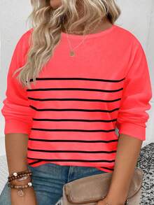 EMERY ROSE Plus Size Women's Fashion Casual Striped Round Neck Neon Color Long Sleeve T-Shirt
