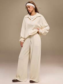 Hanevo 2pcs Women Casual Patchwork Long Sleeve Collar Commute Streetwear Sports T-Shirt Top And Pants Set, Autumn/Winter