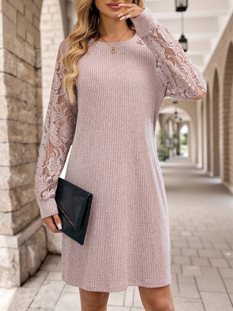 Women's Casual Contrast Lace Round Neck Raglan Sleeve Short Dress Elegant Dresses For Women  Elegant Dresses For Party  Women Dresses Autumn Winter  One-Piece Dress Ladies Autumn Winter Cozy Fall And Winter Clothes For Women  New Year Dress