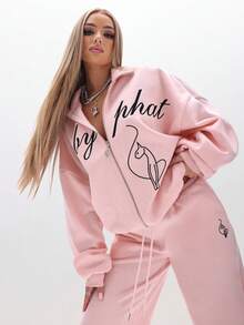 BABYPHAT Áo nỉ cổ cao cỡ lớn có khóa kéo in chữ và họa tiết mèo cho trang phục dạo phố thường ngày mùa đông - Hồng - Xem 5