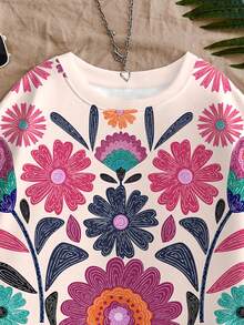 Travachic 女士休闲印花粉色长袖圆领卫衣，适合秋冬季节，嬉皮风上衣，女士碎花上衣，波西米亚风上衣，休闲外出 - 彩色 - 查看 4