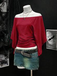 EgrlEra Áo thun trễ vai tay cánh dơi thời trang, thắt eo gợi cảm phong cách retro cho nữ - Đỏ - Xem 3