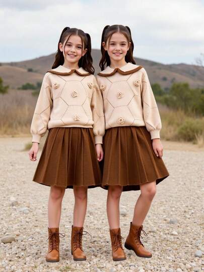 Tween Girls Sweet & Cute Casual Handmade Crochet 3D Floral Decor Contrast Color Collar Sweater For Tween Girlsn Brown Knitted Pleated Skirt Sweater Set For Tween Girl Girls Autumn Winter Clothes Girls Knitted Skirt Set Two Piece Skirt Set For Girls Girl Clothes Skirt Set Kids Skirt Set Toddler Girl Skirt Set Girl Sweater And Skirt Set Fall Skirt Two Piece Set For Kids Girls Spring Autumn French Style Dress Girl Clothes Autumn And Winter Clothes Girl S Spring And Autumn Suit Light Brown Girls Sweater Brown Skirt Kids Girls Autumn Clothes Cute Sweater Girls Brown Sweater And Skirt Set
