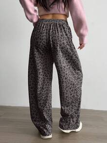 Aidyla Color Block & Leopard Print Patchwork Casual Sports Sweatpants - Coffee Brown - View 2