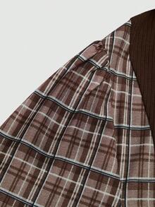 Sweetra Plus Size Women Patchwork Ruffle Hem Elegant Plaid Fitted Shirt - Brown - View 3