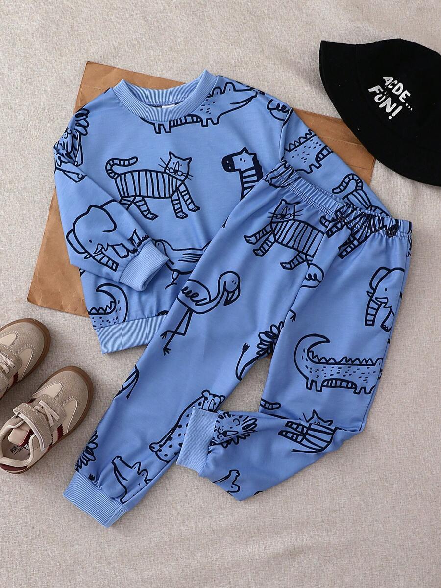 Playful Pals 男童秋季动物印花长袖运动衫和裤子套装 - 藍色 - 查看 1