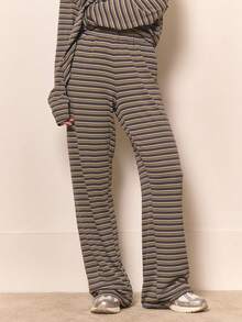 MUSERA 阔腿条纹系带腰裤 可爱酷女孩舒适日常干净女孩休闲田园风复古奶油糖色裤子家居运动裤慢跑裤春夏 - 彩色 - 查看 2