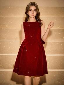 Tween Girl' 优雅酒红色天鹅绒无袖腰部收紧露背蝴蝶结可拆卸荷叶边下摆连衣裙，正式礼服 - 酒紅色 - 查看 3