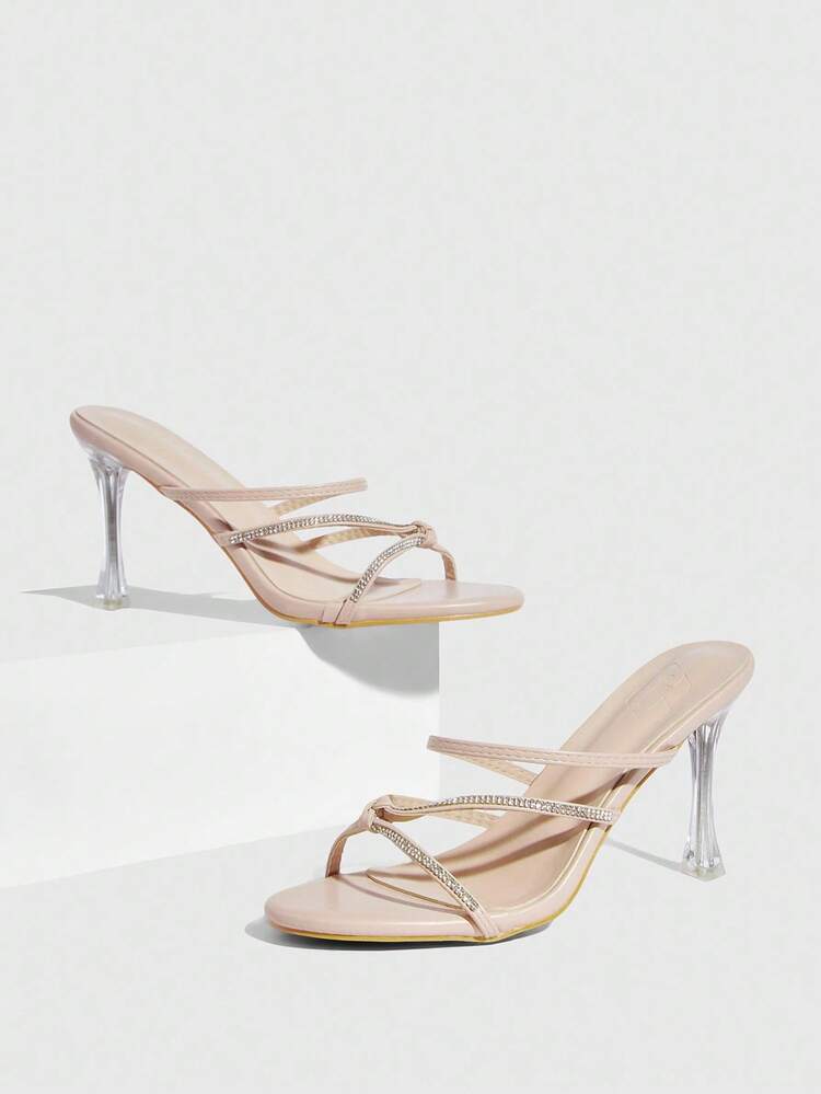 CUCCOO SZL Apricot Striped Rhinestone Embellished Elegant Round Toe Glass Heel High Heel Sandals