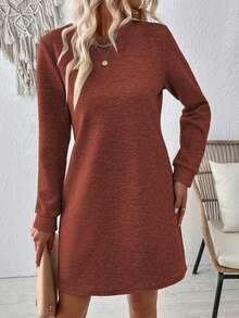 EMERY ROSE Đầm suông dài tay dáng suông cổ tròn rộng rãi đơn giản dành cho nữ - màu nâu - Xem 7
