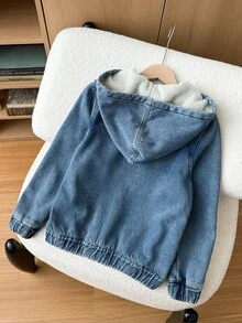 SHEIN Tween Jungen Mode Lässig Y2k Vintage Cool Straße Rückkehr zur Schule College Basic Label Einfach und Bequem Blau Denim Fleece Kapuzen Langarm Jacke für Kinderbekleidung Tween Jungen Kostüm Alltagskleidung und Kinder Sommer und Herbst Rave Outfits Festival und Strand Outfits Streetwear Schulkleidung