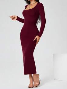 SHEIN PETITE 秋装纯色方领紧身黑色长袖连衣裙 - 酒紅色 - 查看 3