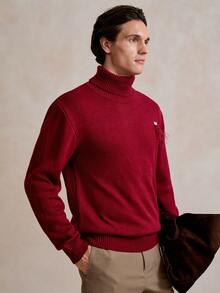 Manfinity Homme Suéter de Gola Alta Minimalista de Cor Sólida de Manga Longa Vermelho, Suéter Vermelho Casual de Uso Diário para Homens, Suéter de Gola Alta Vermelho para Homens, Camisas de Gola Alta para Homens, Top Bordô para Homens no Outono Inverno Natal, Suéter de Homem com Estampa de Desenho Animado Bordô - Vermelho - Visão 4