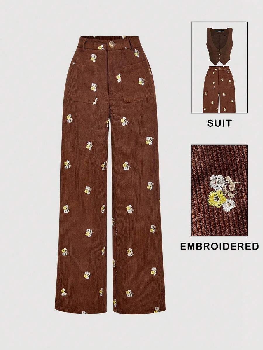 SHEIN MOD 复古70年代灯芯绒刺绣长裤——舒适穿着，秋冬装，Y2K，约会装，学院风，返校装和办公室装 - 鏽棕色 - 查看 1