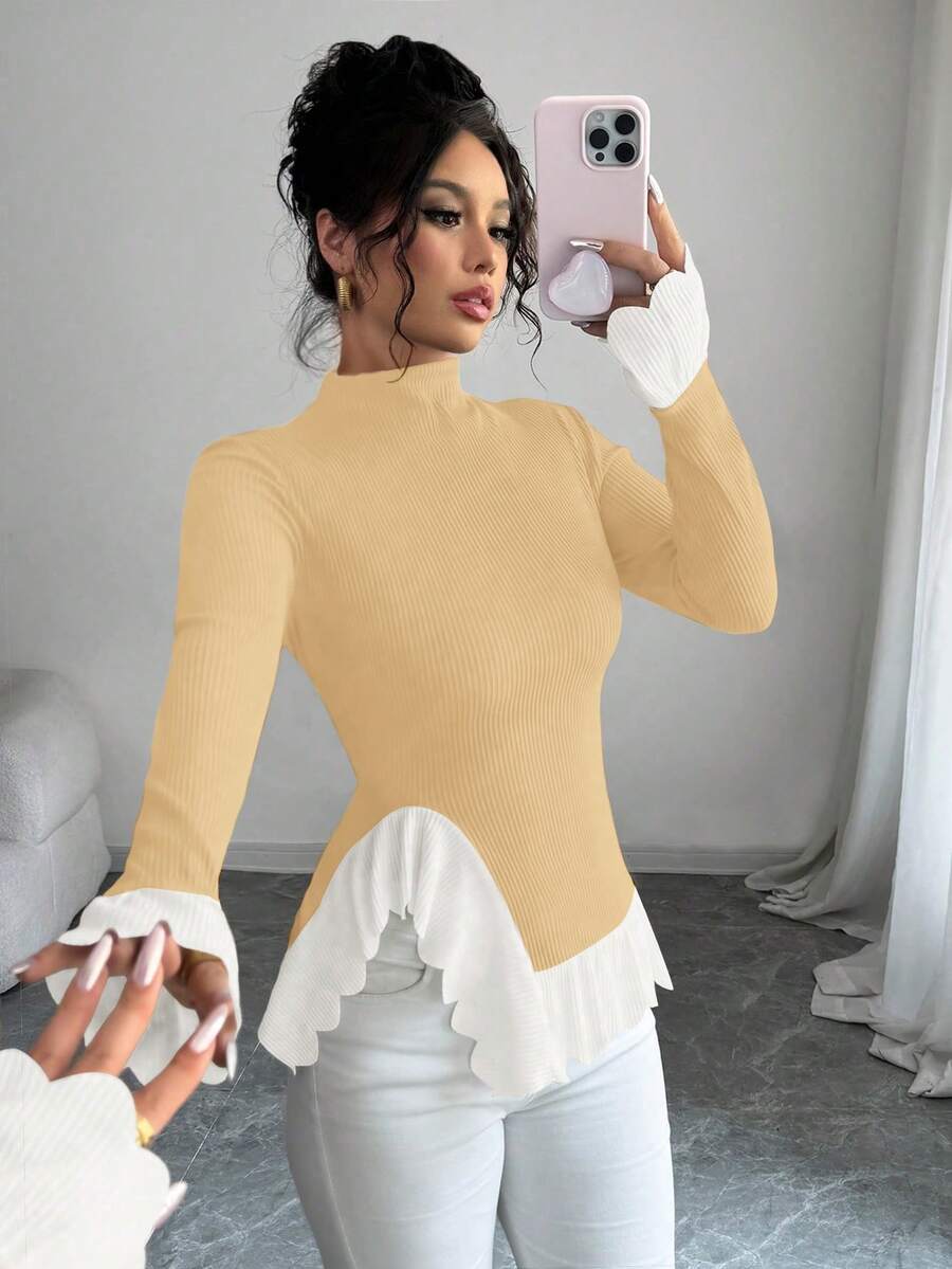 Selianne Camiseta de manga larga con cuello alto y volantes de color contrastante para mujer - Caqui - Ver 1