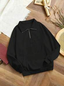 Manfinity Dauomo 男士休闲宽松半拉链长袖运动衫，秋冬 - 黑色 - 查看 3