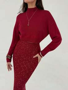 Aloruh Wine Red Stand Collar Loose Top + Wine Red Sequin Yarn Tight Extra Long Skirt