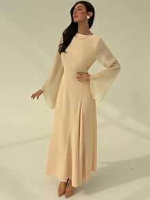 Aloruh Apricot Minimalist Commuter Ruched Collar Flare Sleeve Patchwork Long Sleeve Dress For Women - Apricot - View 3