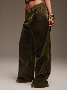 Denimoi 水洗牛仔布天鹅绒效果直筒宽松牛仔裤 - 軍綠色 - 查看 3
