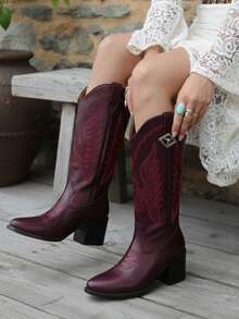 Women Mid-Calf Boots - Burgundy - View 2