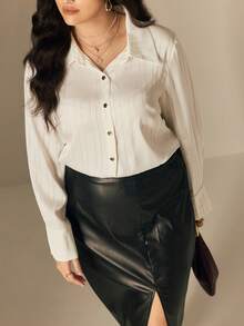 SHEIN LUNE Camisa de satén con botones metálicos, casual/oficina, talla grande - Blanco - Ver 6