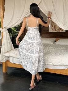 DAZY Chemise de nuit longue pour femme avec imprimé de croquis de paysage et garniture décorative, sans manches - Blanc - Voir 2