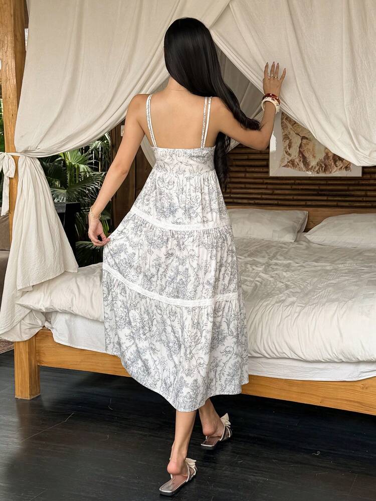 Landscape Sketch Print Trim Decor Sleeveless Long Women Nightgown