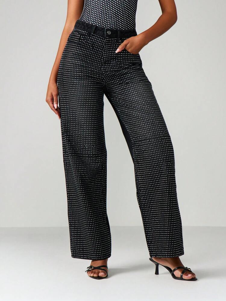 MISSGUIDED High Rise Wide Leg Diamante Embellished Jeans With All Over Sparkle Pattern For Evening Occasions