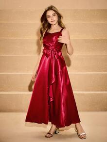 青少年女孩优雅迷人红色缎面 V 领束腰可爱蝴蝶结荷叶边下摆连衣裙，正式礼服 - 紅色 - 查看 6